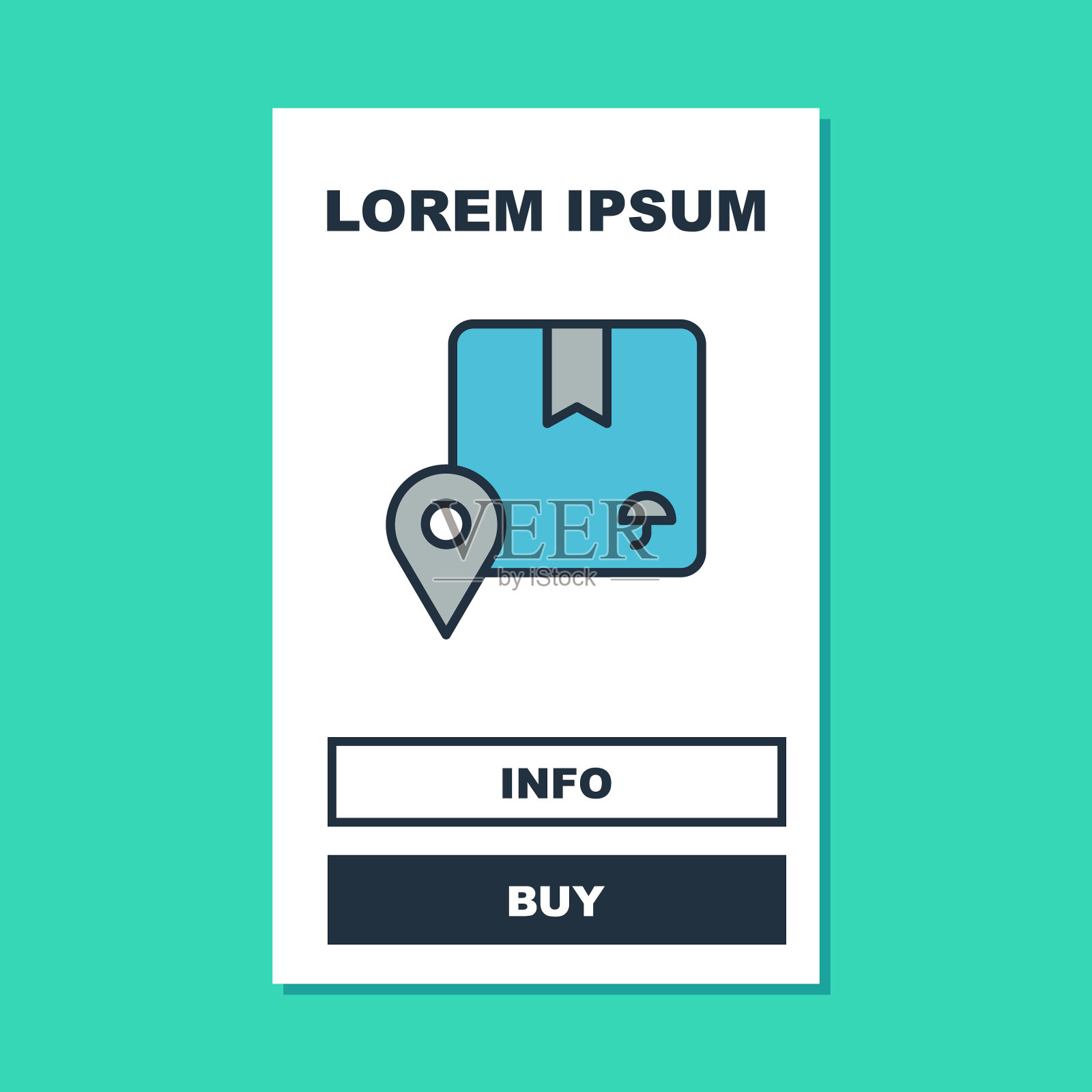 填充轮廓位置与纸箱图标孤立在绿松石背景。送货服务，物流运输，配送。向量插画图片素材