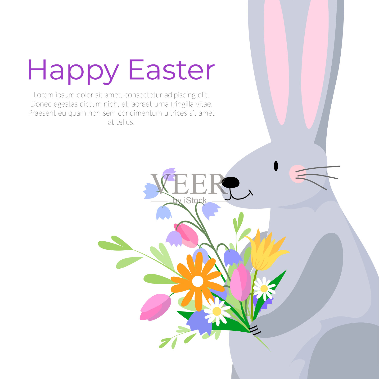 一只可爱的复活节兔子拿着一束花，海报设计模板素材