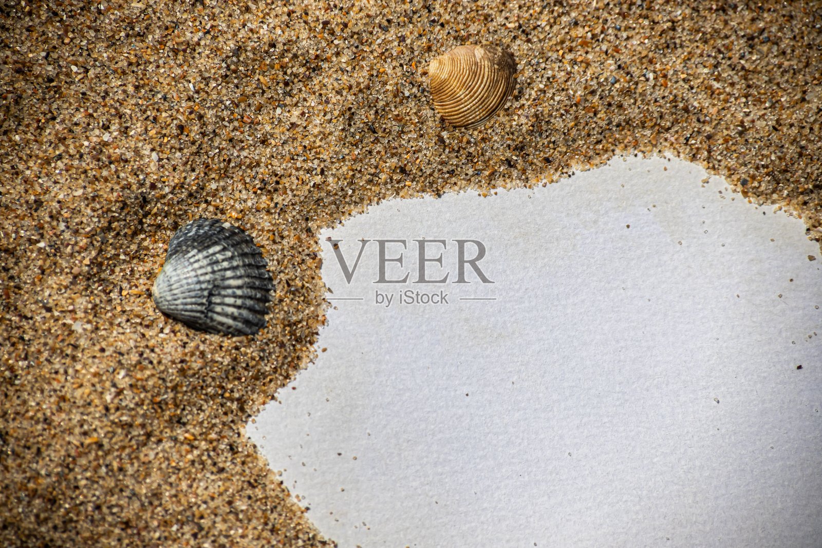 夏季风格与空的空白纸卡上的海沙。夏季卡片背景添加文字照片摄影图片