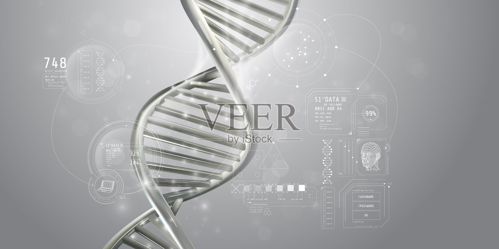 浅灰色的DNA螺旋和遗传数据信息图。插画图片素材
