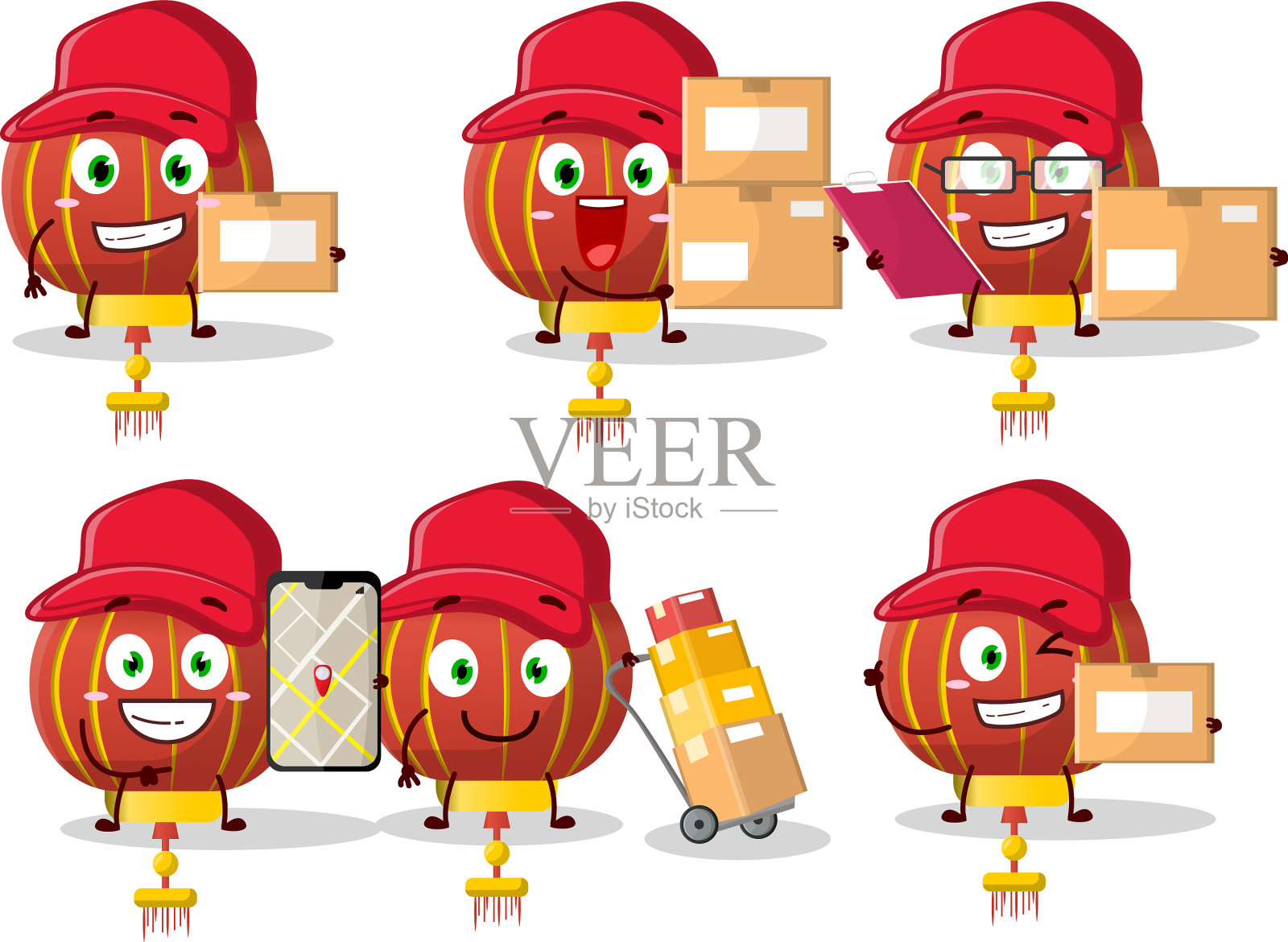 红色中国灯卡通人物设计插画图片素材