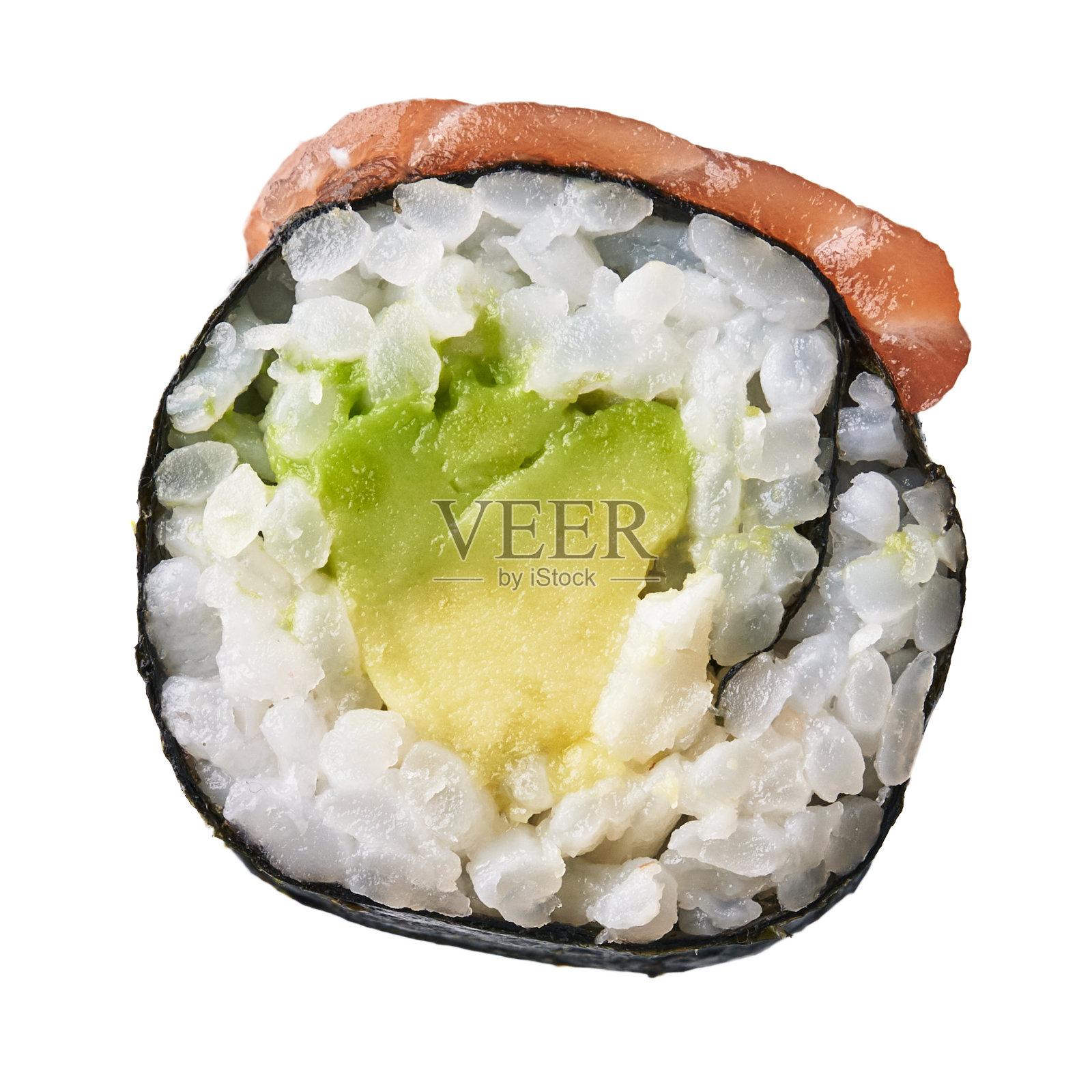 单独的鳄梨和三文鱼寿司maki隔离在白色的背景上照片摄影图片