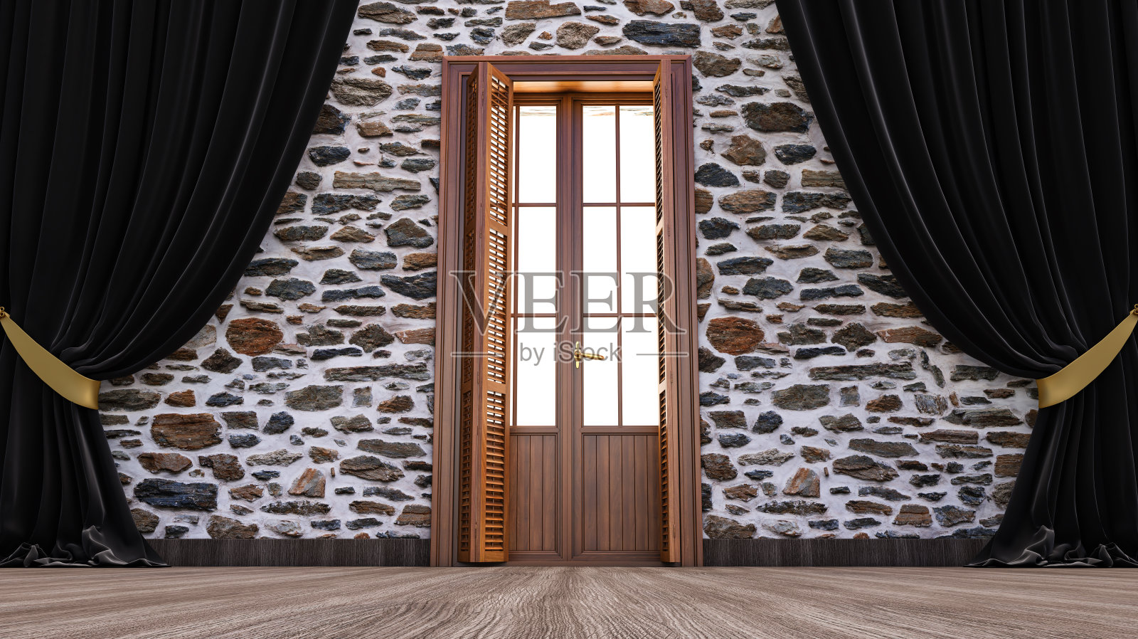 黑色窗帘的木门紧闭，照片摄影图片