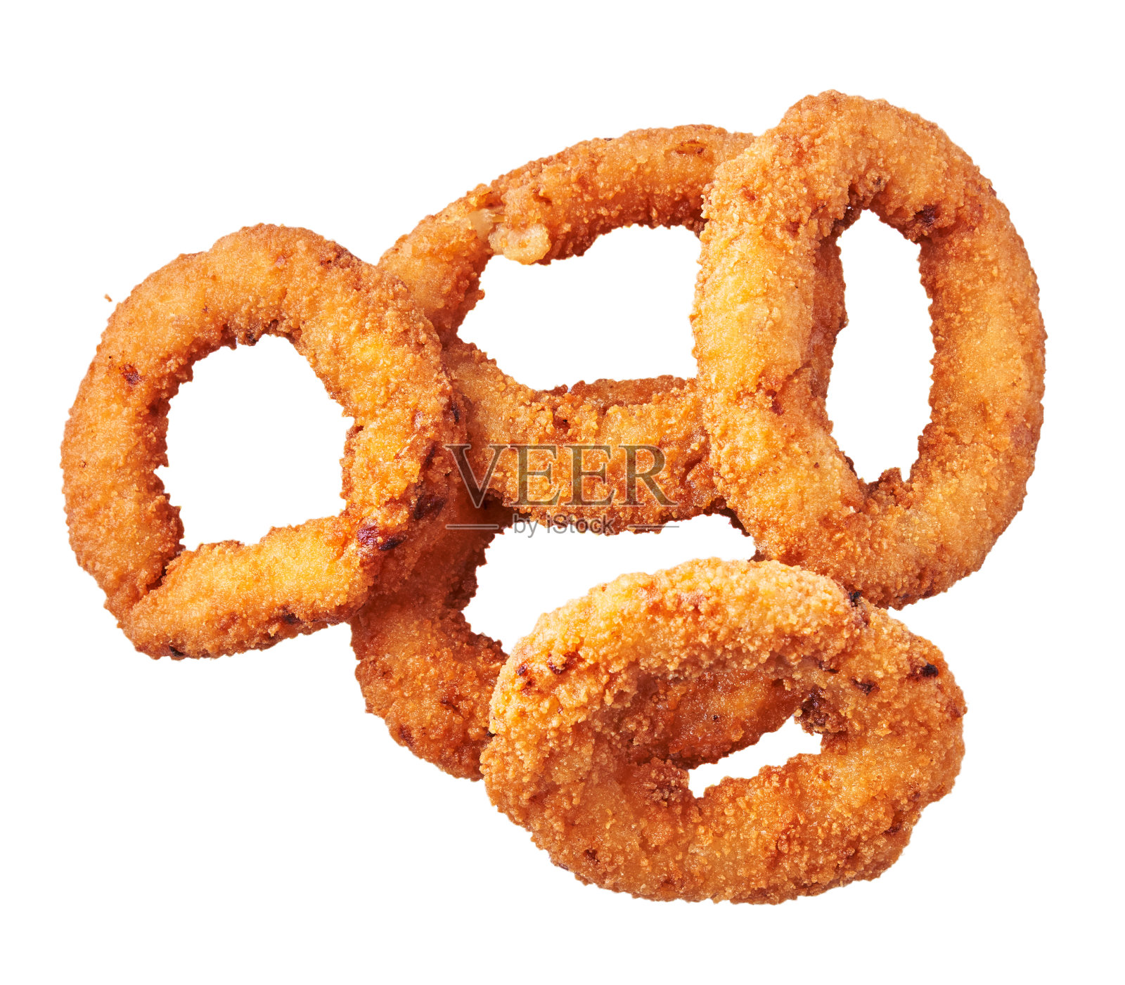 一串面包屑洋葱圈孤立在白色的背景上照片摄影图片