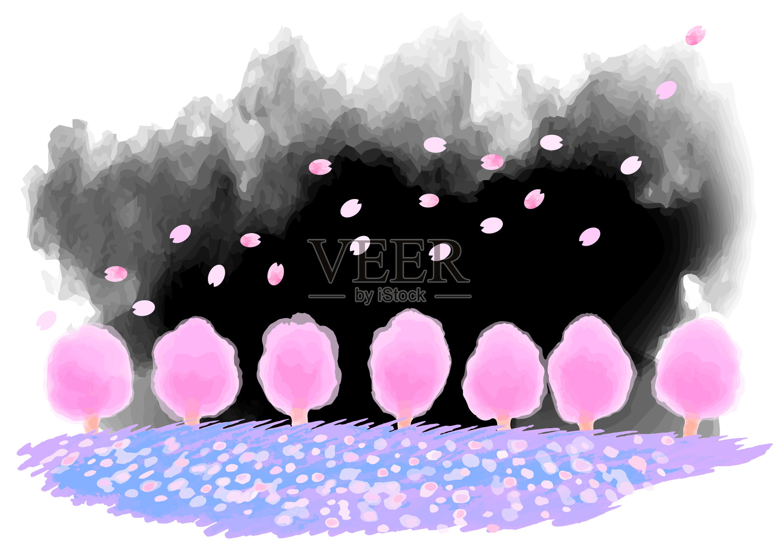 水彩樱花和花瓣在夜晚飘落插画图片素材