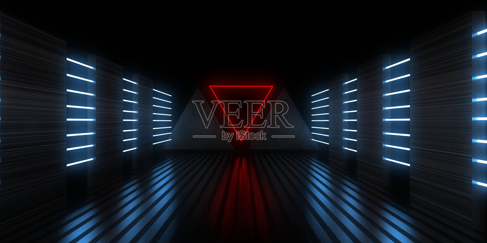 三维抽象背景与霓虹灯。霓虹灯隧道。空间建设。三维插图照片摄影图片