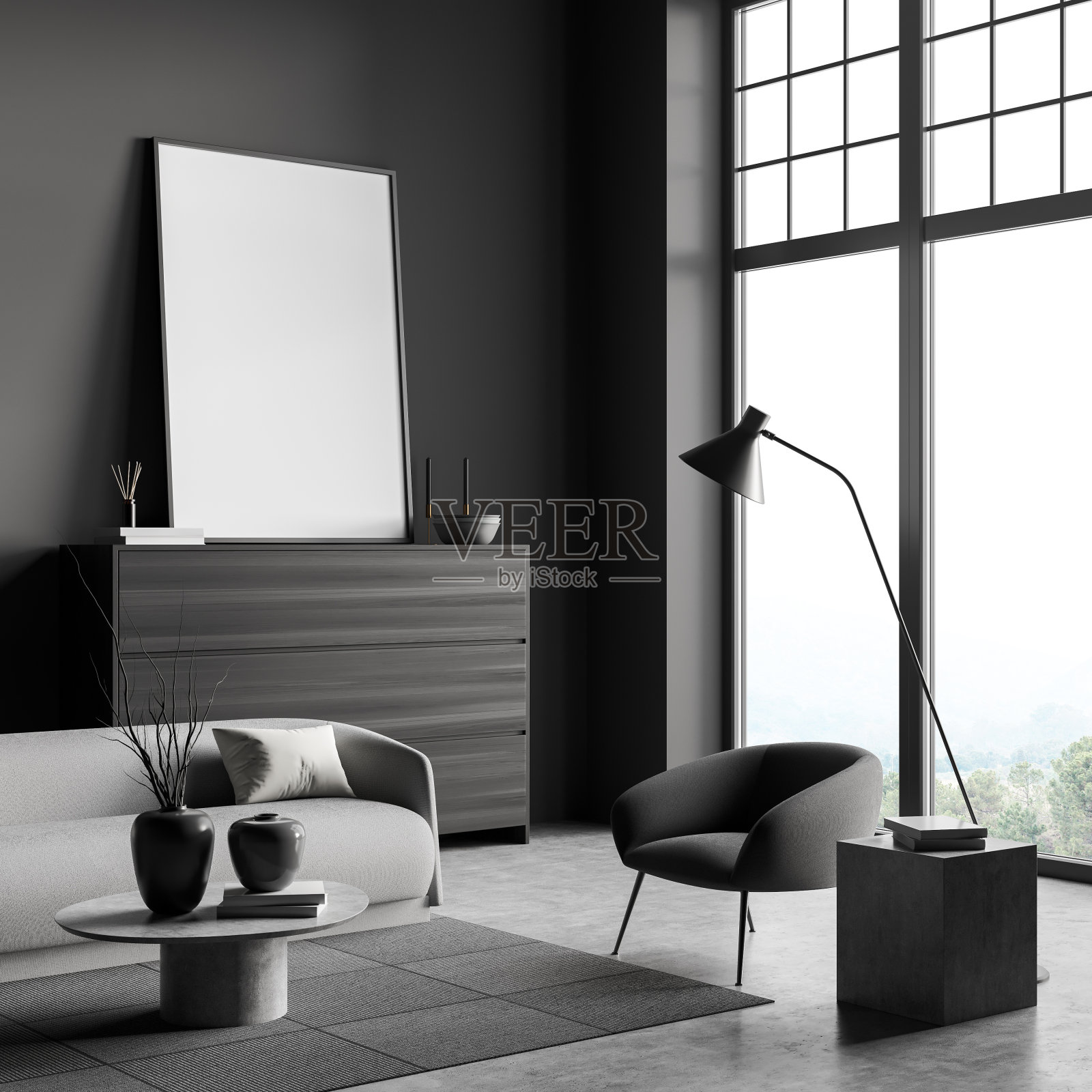 黑暗的客房内部有沙发，扶手椅和靠近窗户的抽屉，模型海报照片摄影图片