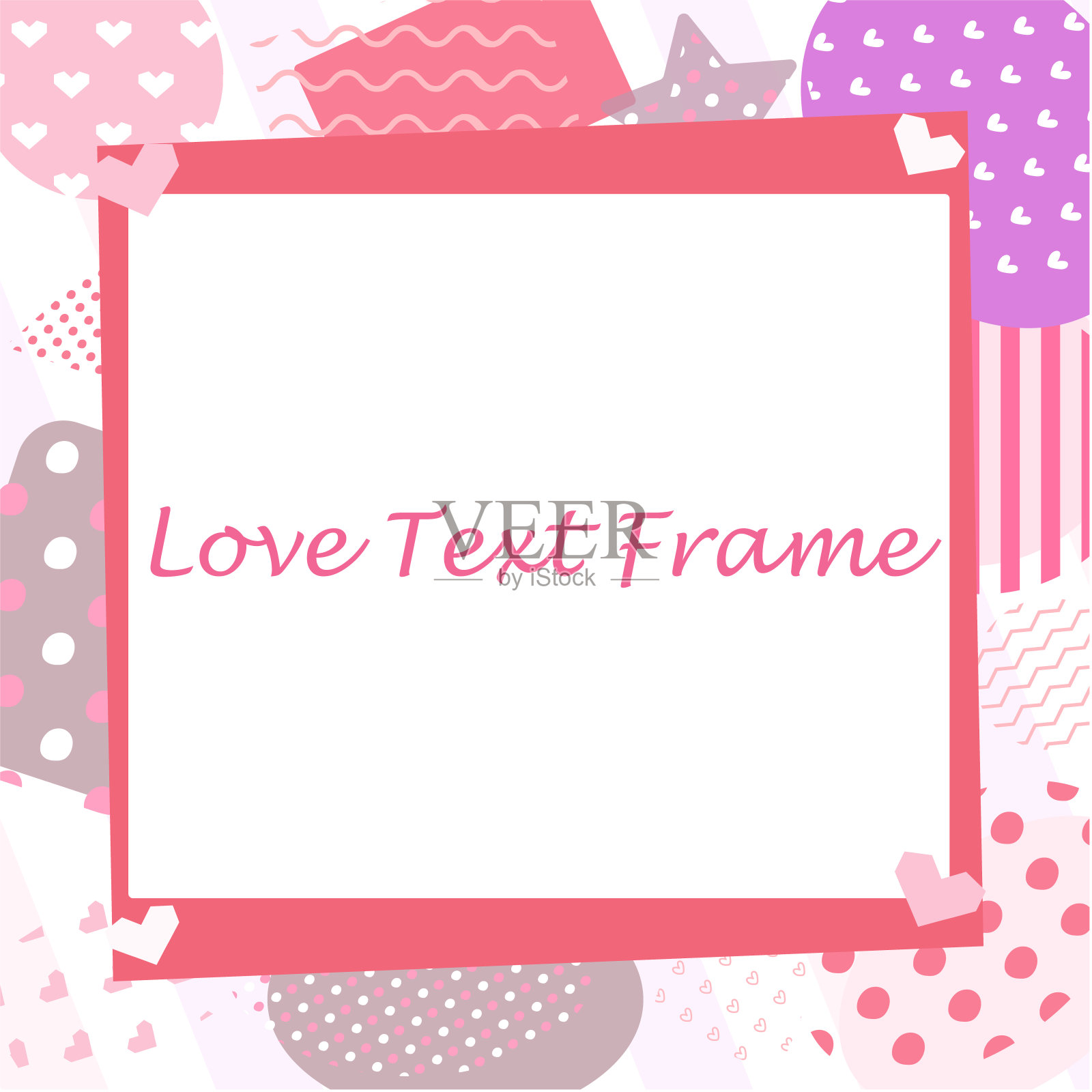 粉色框架背景材料，形状设计背景与心，点，波浪，星星，圆形和正方形，1:1大小比例设计元素图片
