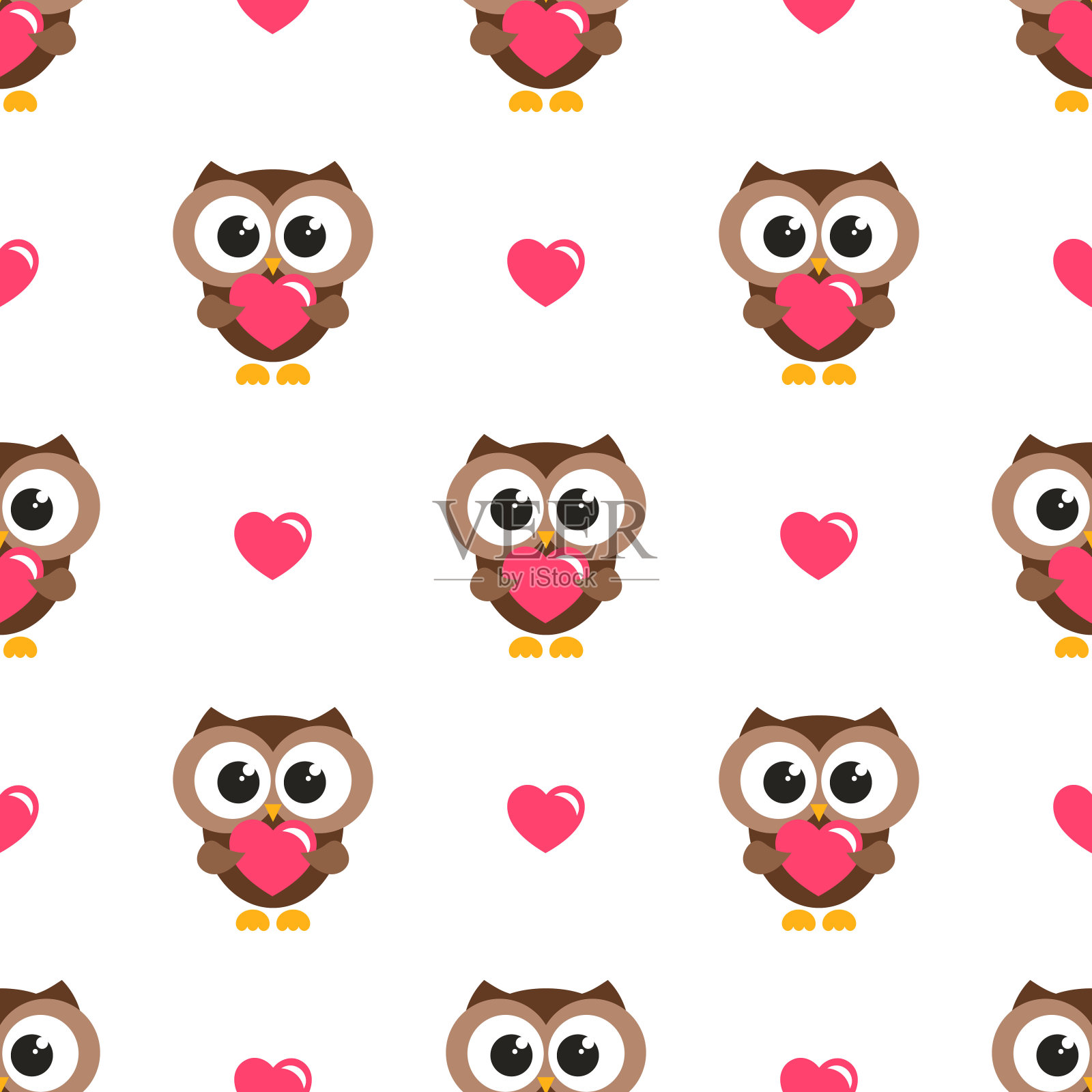 无缝图案与棕色猫头鹰和心插画图片素材
