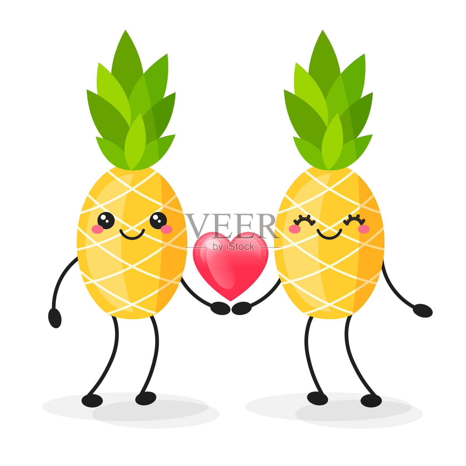 可爱的菠萝夫妇在白色的背景。卡哇伊有趣的角色插画图片素材