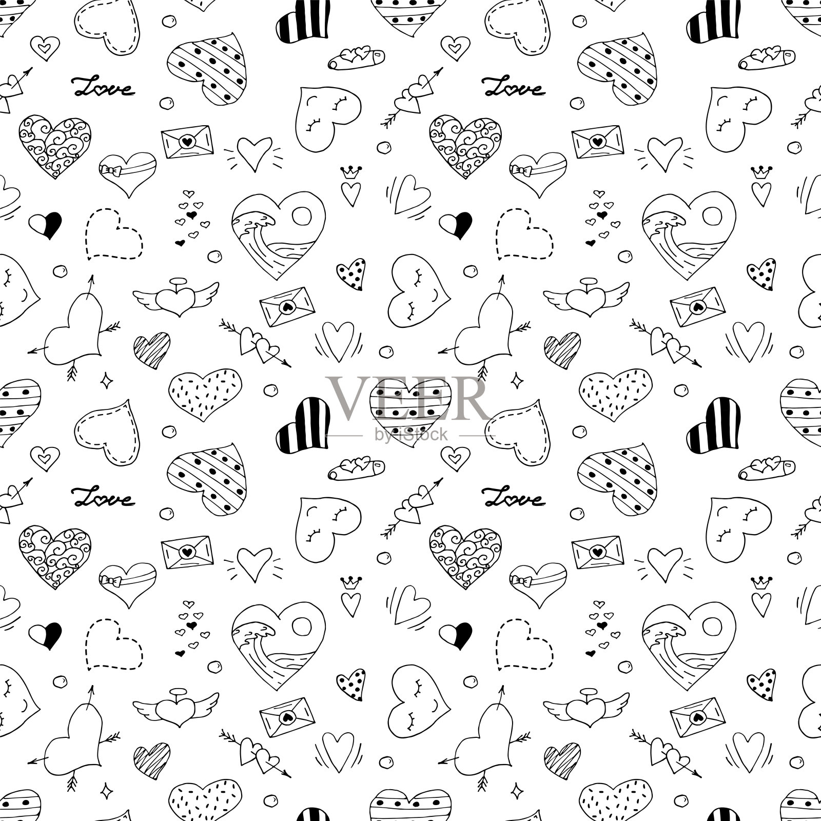 手绘不同形状的心形，无缝图案。轮廓矢量插图。插画图片素材