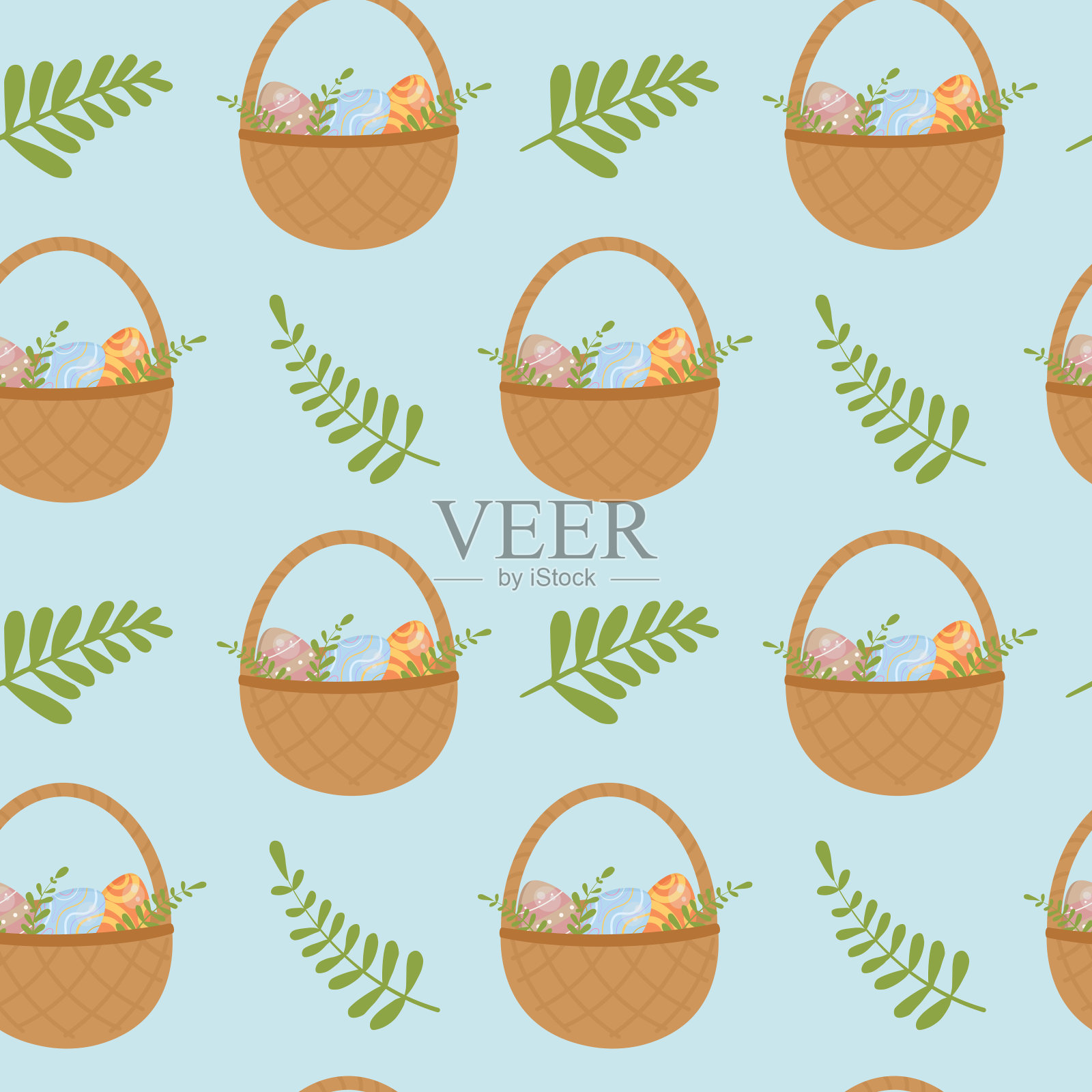 无缝图案与篮子与复活节彩蛋。包装纸，贺卡和季节性设计的背景。复活节快乐。插画图片素材