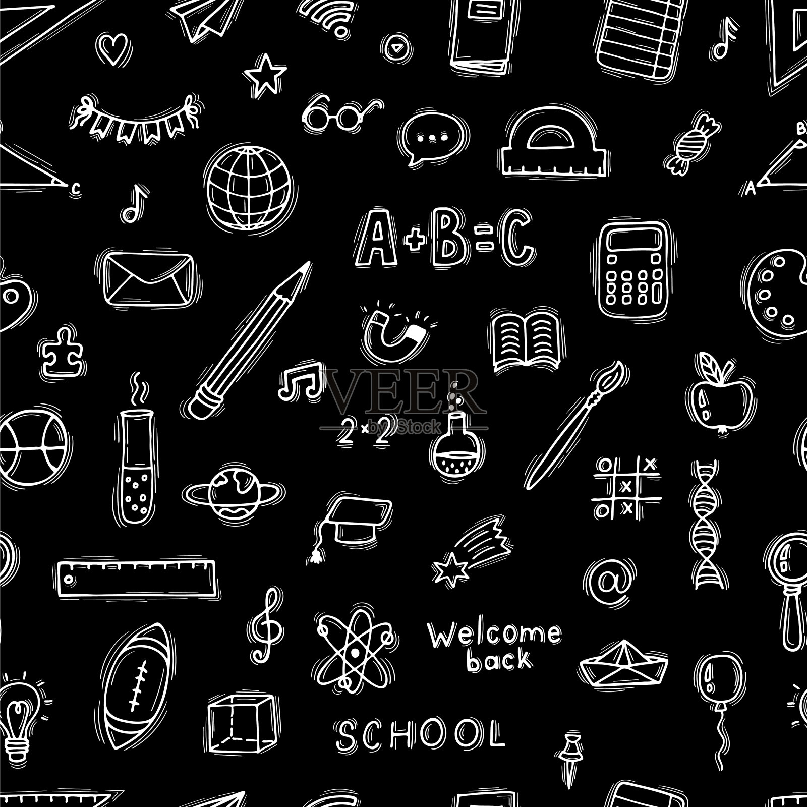 无缝图案，手绘教育学校元素。欢迎回来。回到学校背景插画图片素材