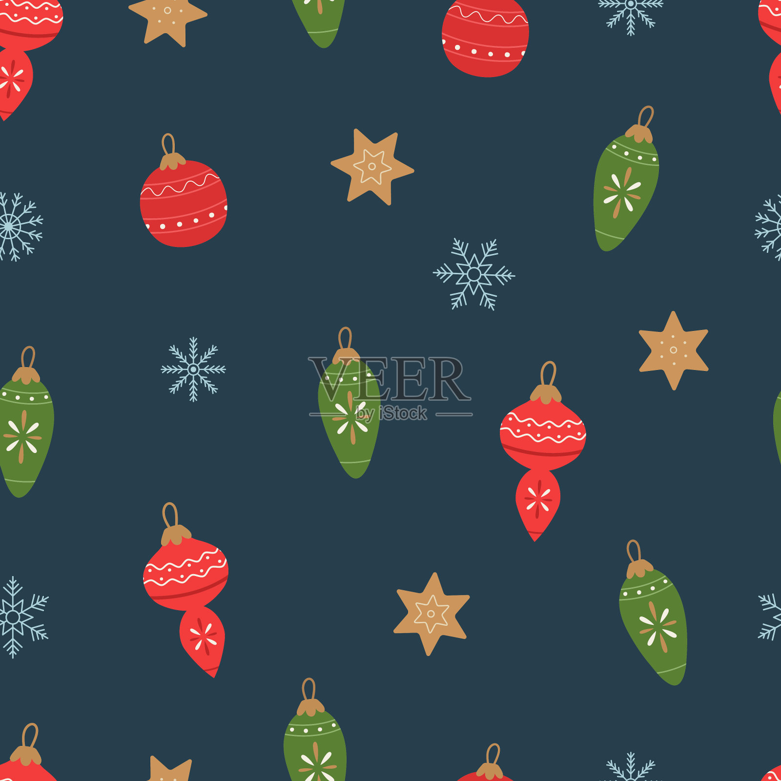 黑色背景上的圣诞装饰和雪花。无缝模式插画图片素材