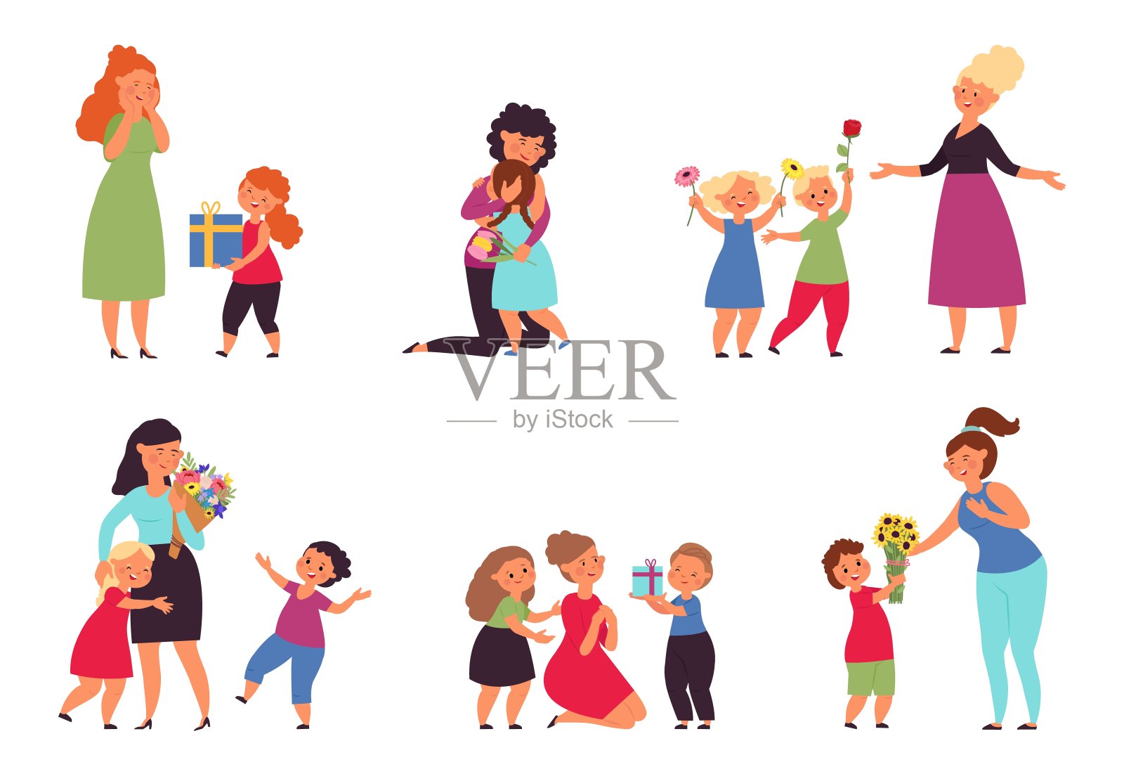 给妈妈的礼物。妈妈的鲜花和拥抱，幸福的家庭节日的孩子和父母。母亲，孩子和郁金香花束。儿童问候得体的向量集插画图片素材