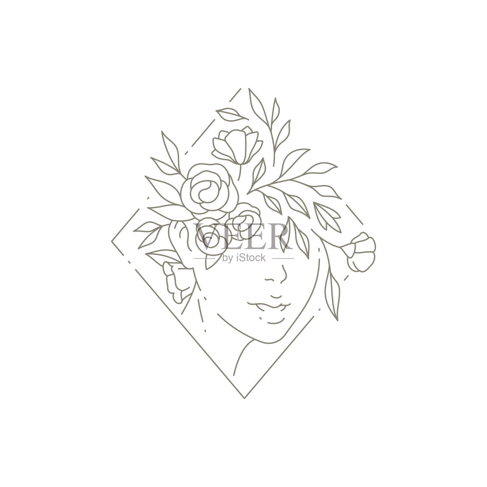 浪漫的女人脸与植物花头上在菱形框架图标矢量插图插画图片素材