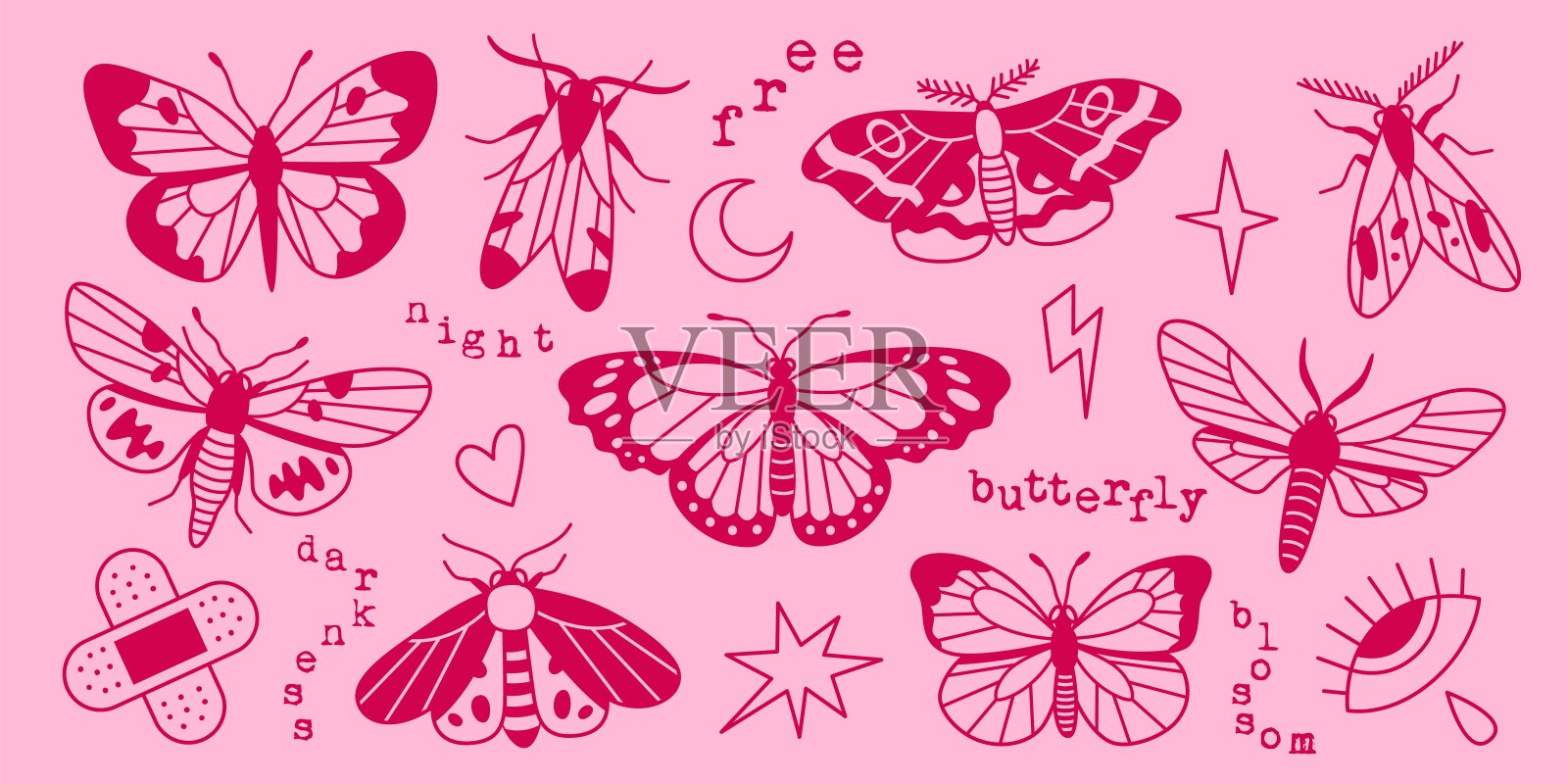 一组蝴蝶和蛾子。昆虫收集。时尚多彩的平面设计。复古的纹身风格。矢量插图。粉红色的背景。插画图片素材