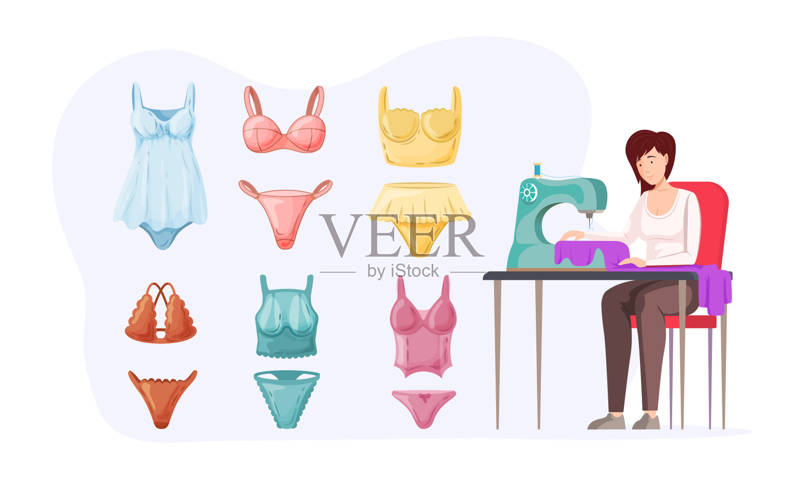女裁缝在缝纫机上缝制手工女性内衣，创造工艺纺织品插画图片素材