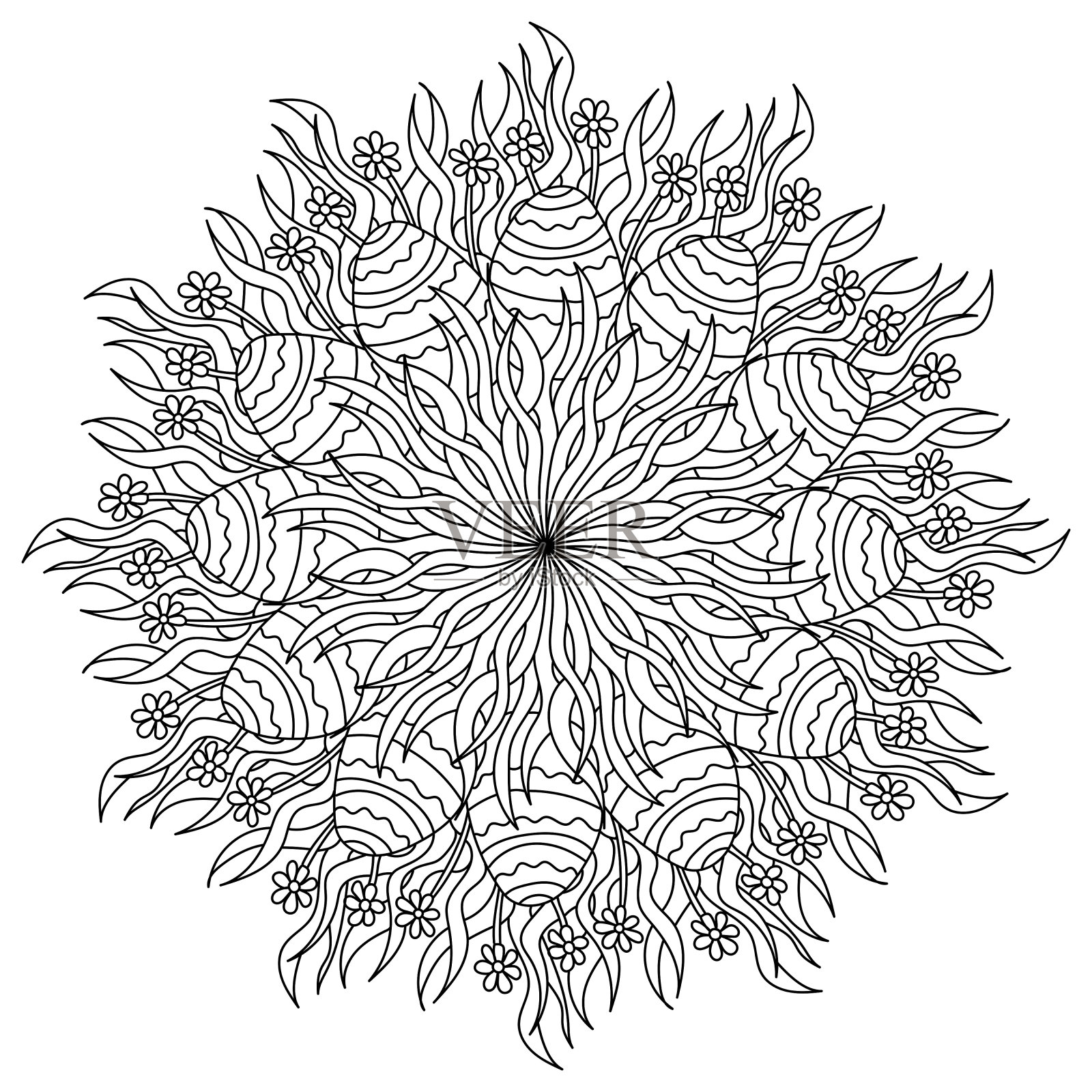 曼荼罗与复活节彩蛋在草和花，色彩页为节日活动插画图片素材