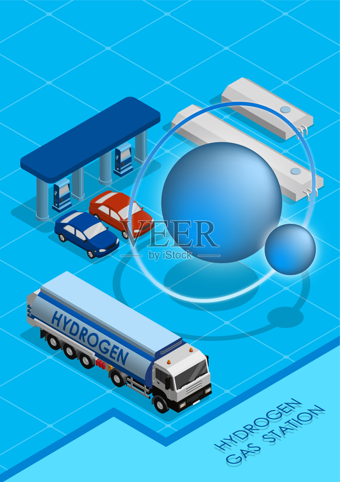 等距A4立式氢气站概念。液化氢运输用带油罐的货运燃料车。逼真的3D矢量在蓝色背景插画图片素材