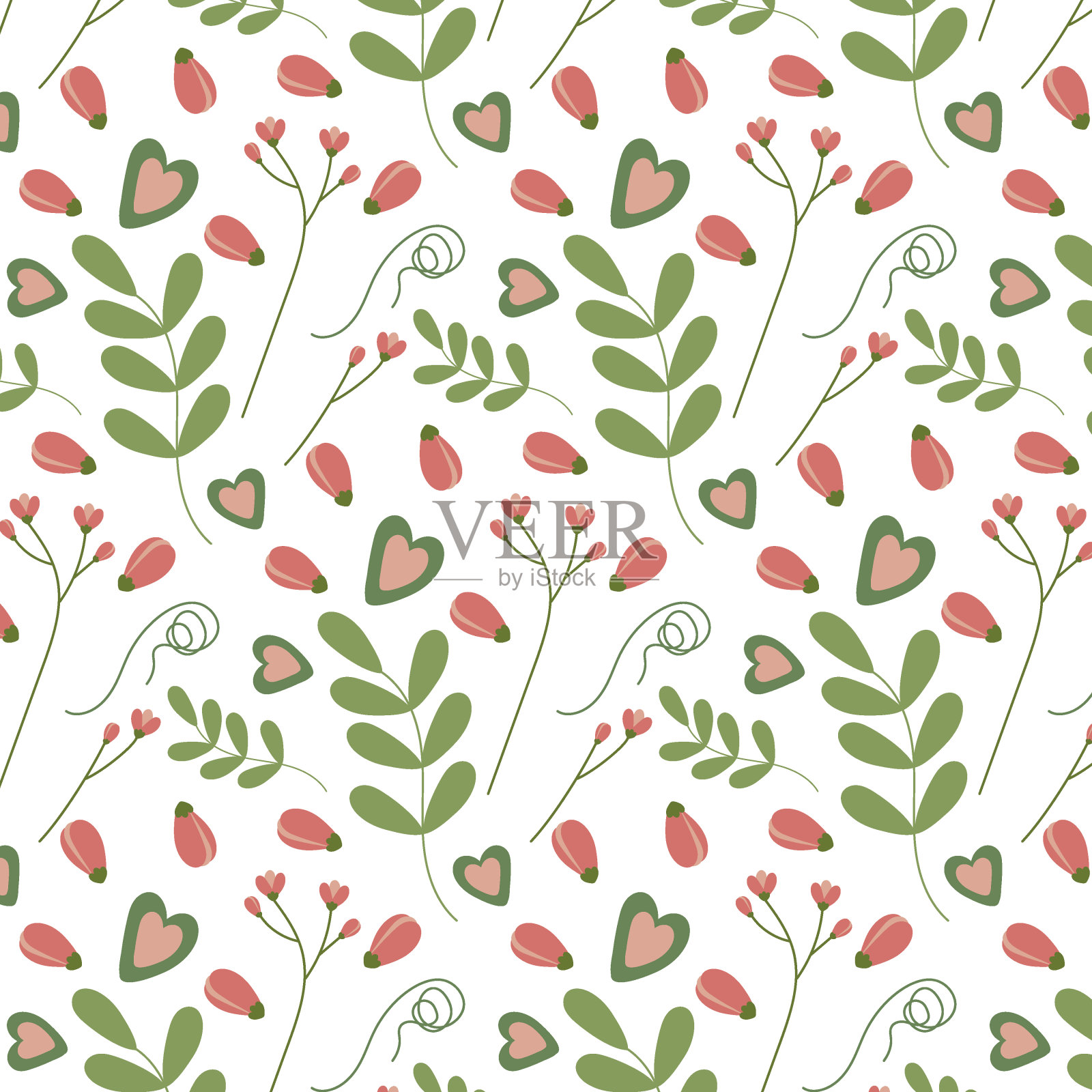 以绿色的小枝、粉红色的花朵、花蕾和爱心组成的卡通图案，重现春天的气息。Handdrawn插画图片素材