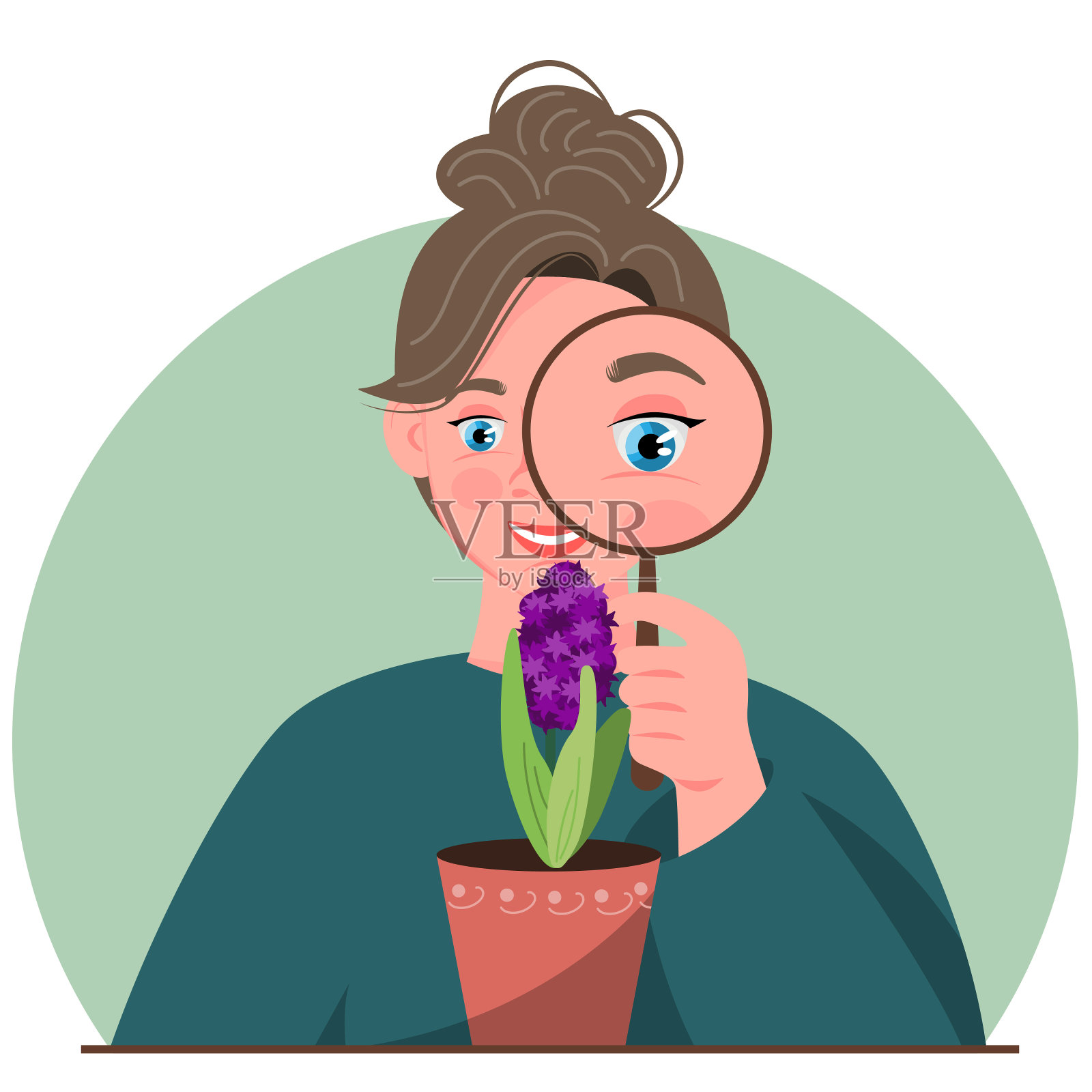 一位女园丁正在用放大镜观察一朵花。在花园里种花。园丁,花店。插画图片素材