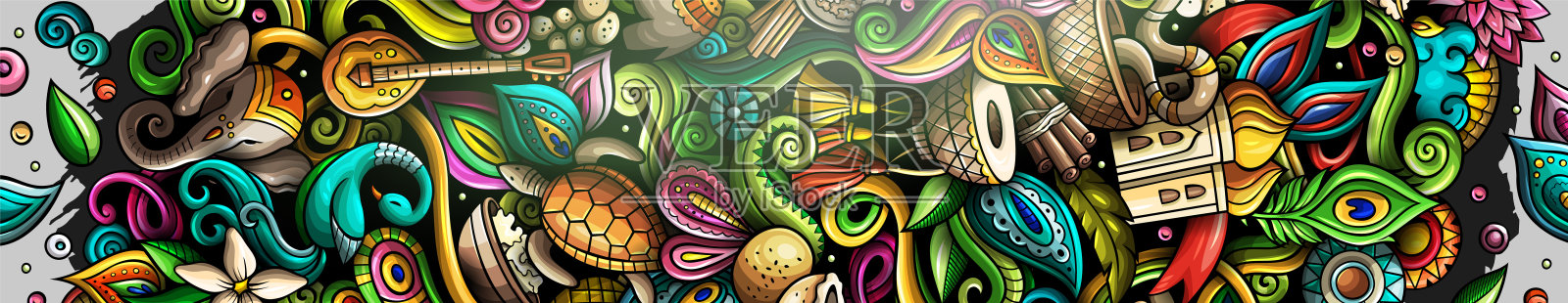 印度手绘涂鸦横幅。卡通详细的传单。插画图片素材