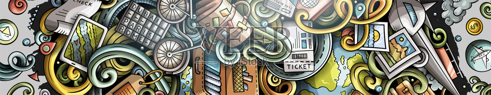 旅游手绘涂鸦横幅。插画图片素材