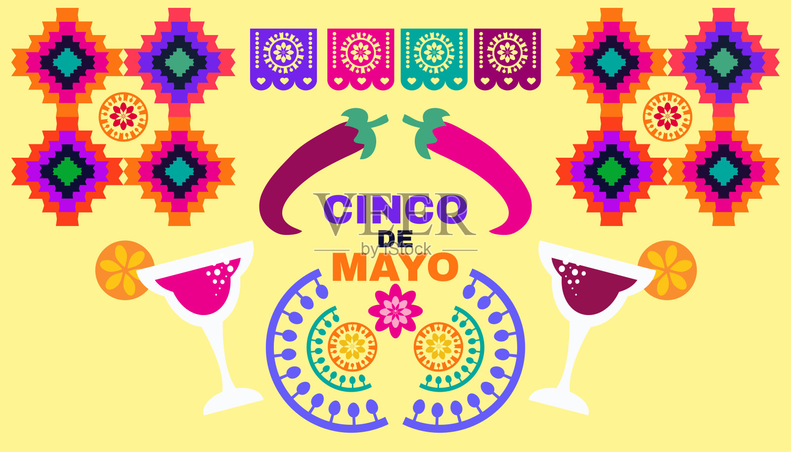 五月五日快乐海报与人物，帽子，胡椒，龙舌兰。插画图片素材