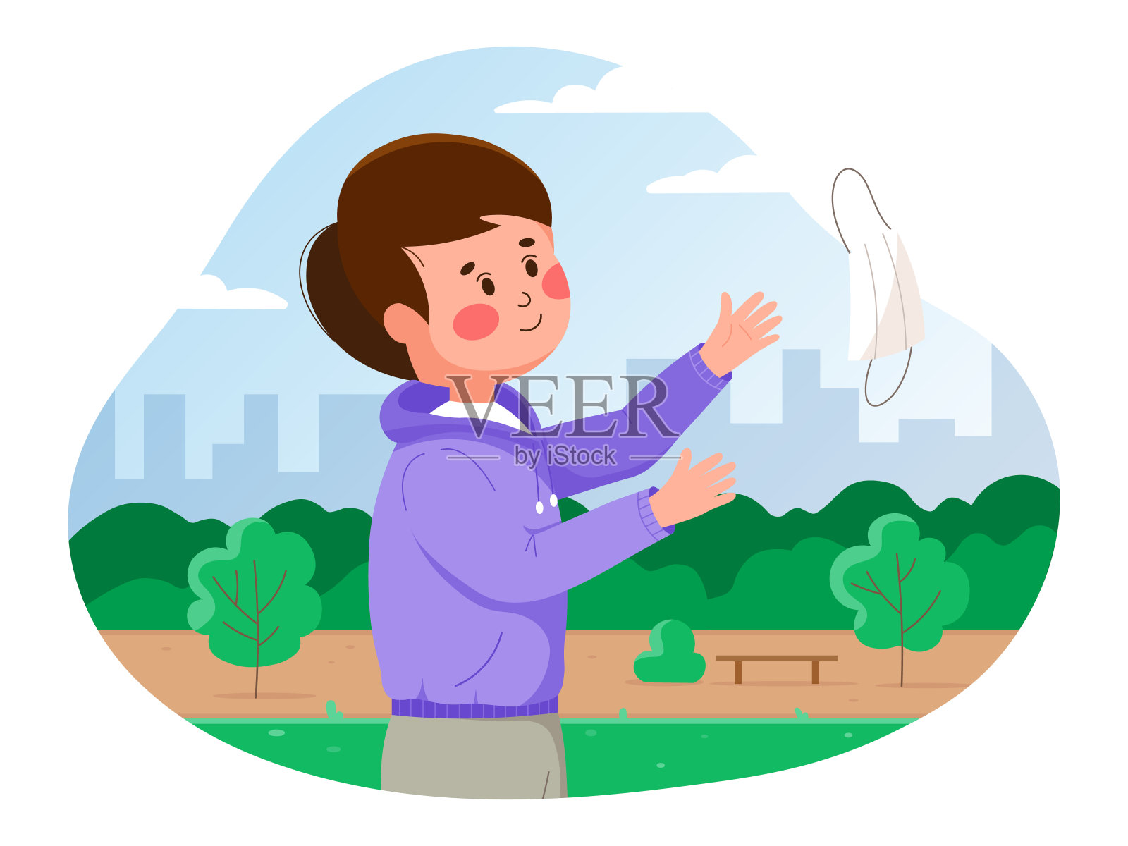 快乐的年轻人在城市公园摘掉医用口罩。在冠状病毒大流行期间，男孩摘下了防护口罩。小男孩扔掉了他的面具矢量图。插画图片素材