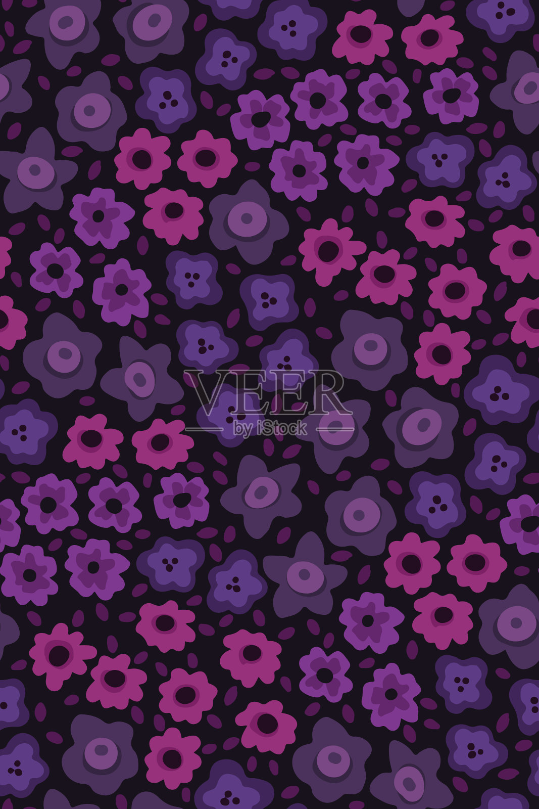 无缝的图案，可爱的紫色小花，叶子。浪漫的花卉印花，黑色花卉背景与简单的设计。矢量插图。插画图片素材