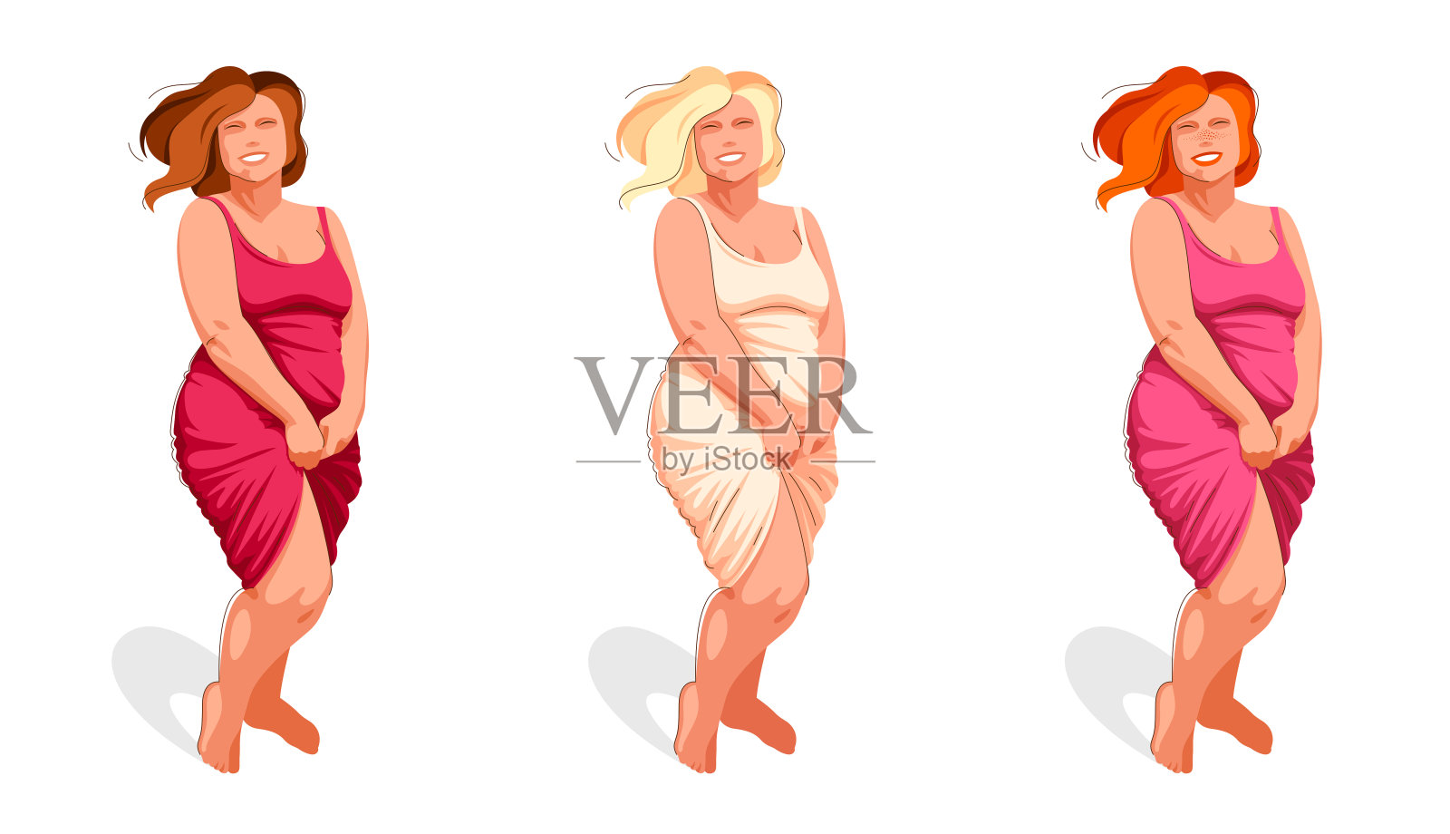 迷人性感的胖女人孤立在白色上，矢量插图身体积极健康和幸福的概念，爱和接受你的身体想法，头发颜色设置。插画图片素材