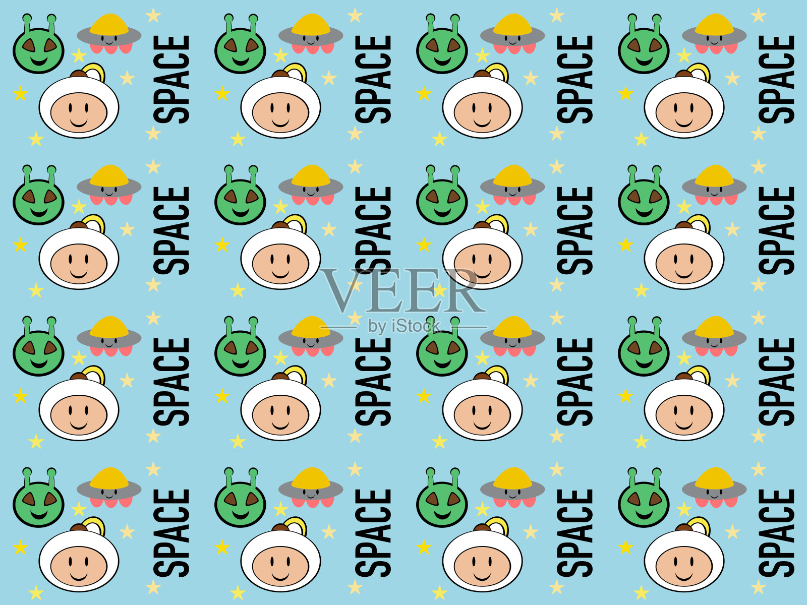 蓝色背景上的空间卡通图像插画图片素材