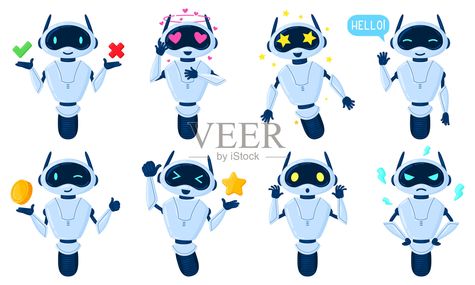 卡通聊天机器人，在线虚拟助手吉祥物。人工智能服务机器，友好的个人助手矢量插图集。聊天机器人的角色插画图片素材