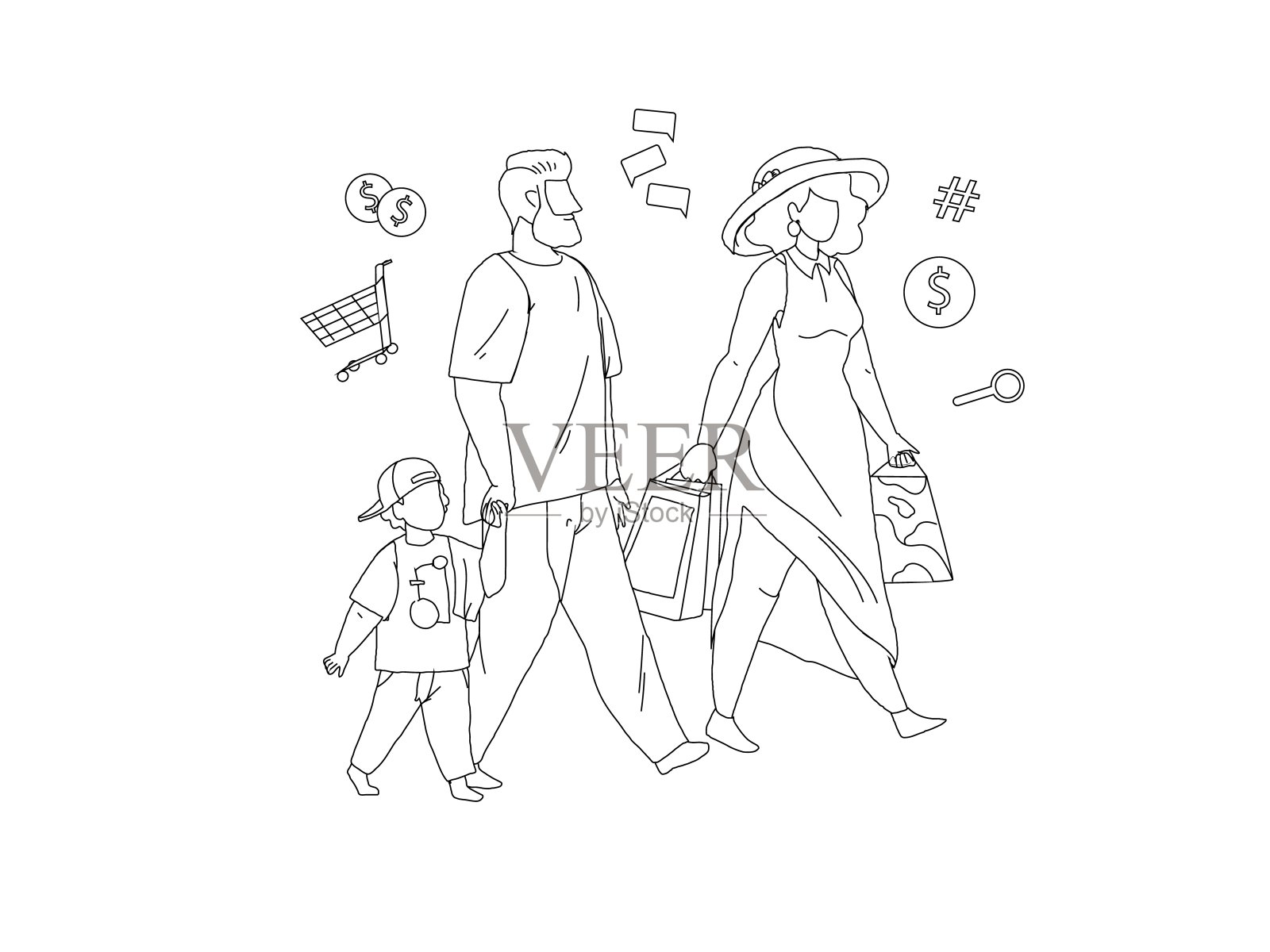 家庭购物和平面社交媒体图标线向量插画图片素材