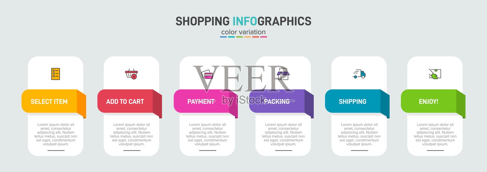 6个连续步骤的购物过程概念。六个彩色图形元素。时间表设计的小册子，介绍，网站。信息图表设计布局。插画图片素材
