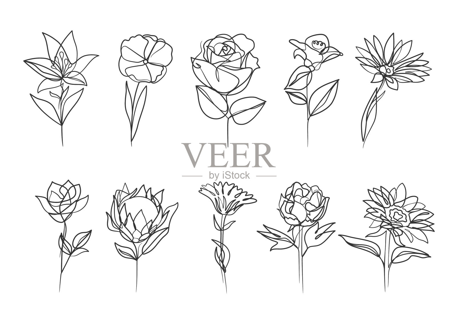 抽象的花在连续的线条艺术绘画风格插画图片素材