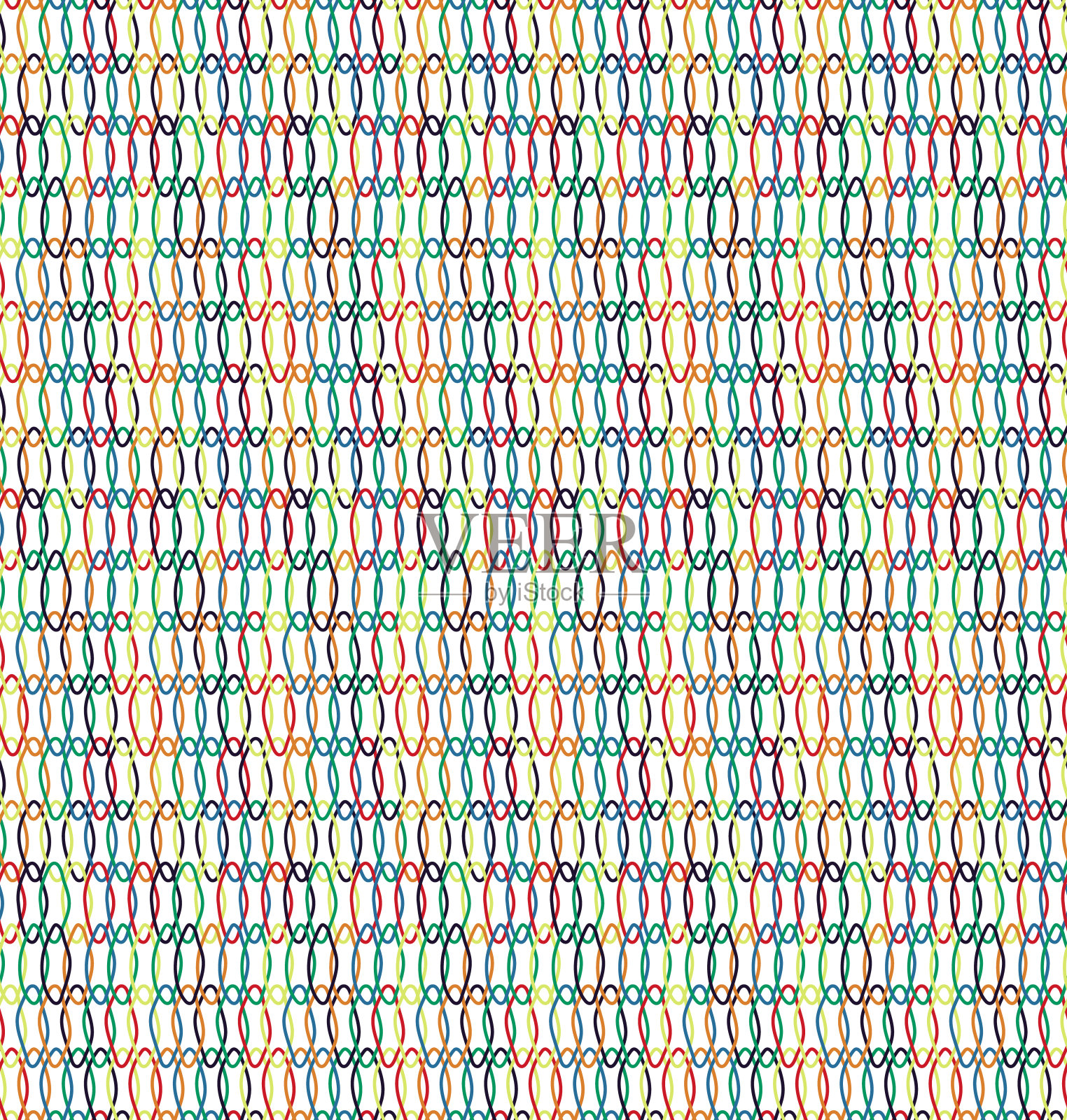 多色现代无缝图案。几何混沌彩色网格，手绘轮廓菱形形状，彩虹调色板。白色背景插画图片素材