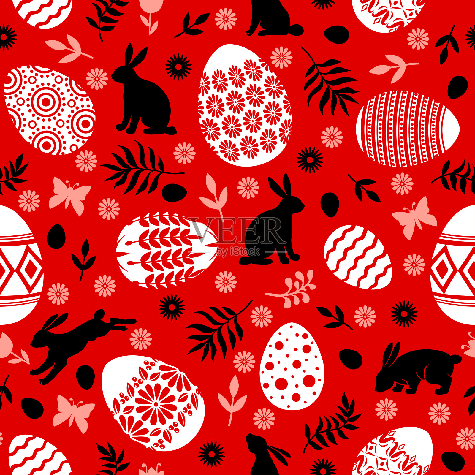 复活节图案与彩蛋和装饰元素无缝衔接插画图片素材