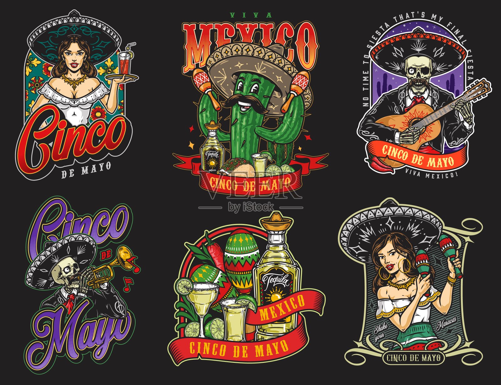 明亮的墨西哥复古贴纸设置插画图片素材