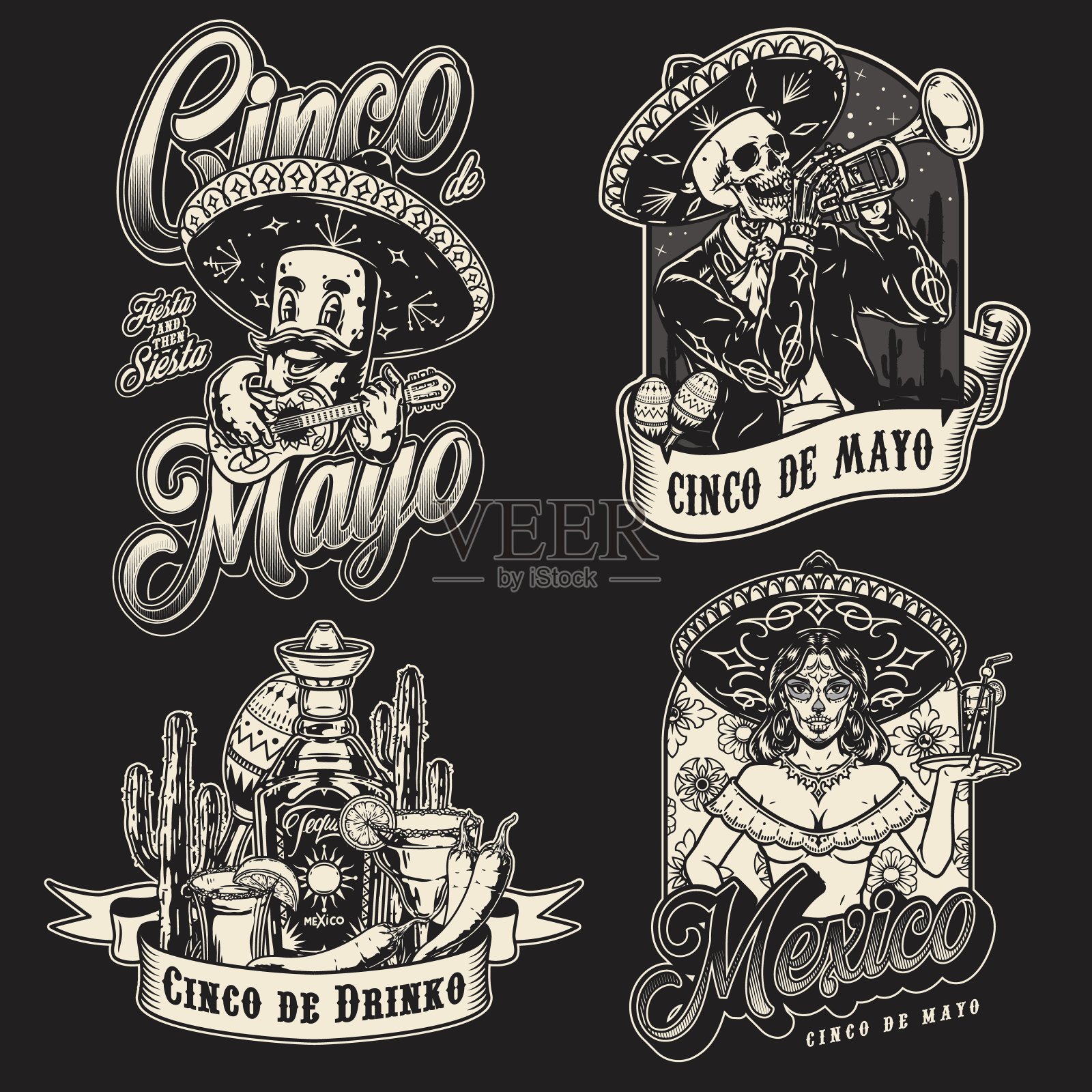 五月五日单色复古标签集插画图片素材