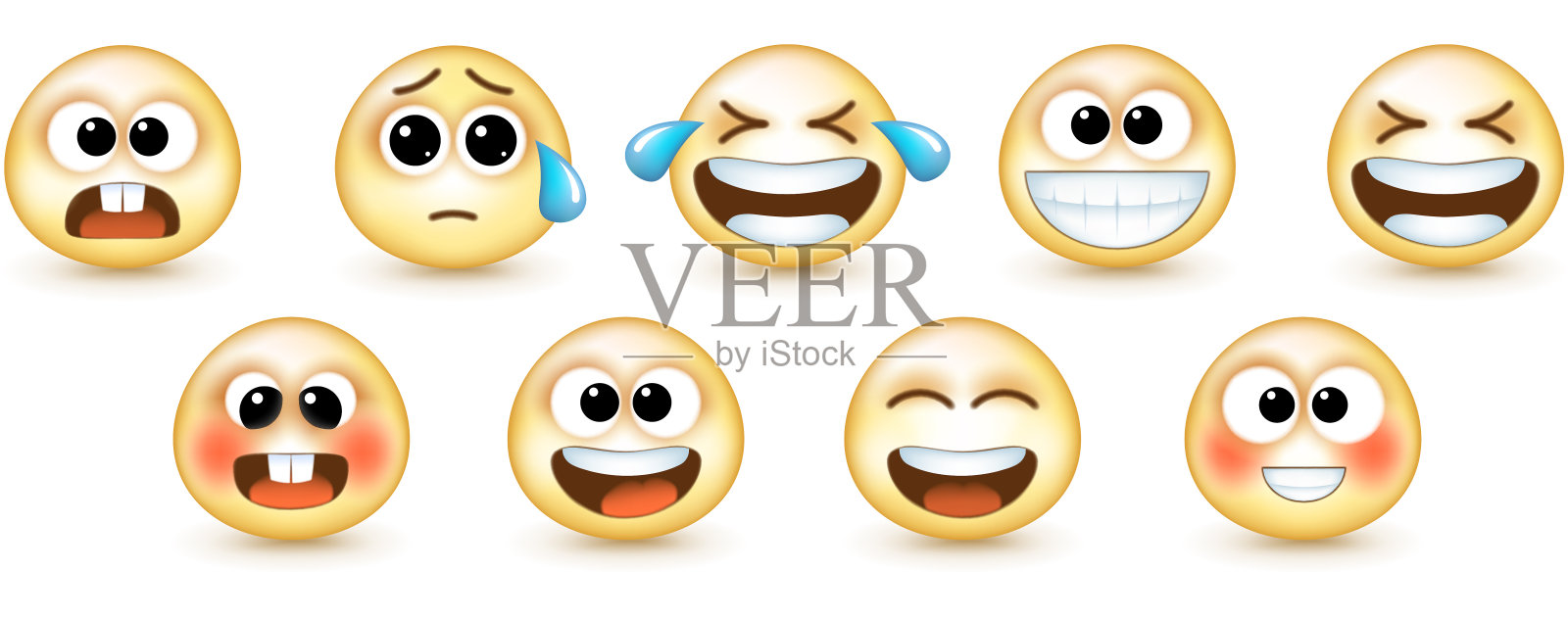 一套风格表情符号图标。喜悦、悲伤、哭泣、欢笑、惊讶、怀疑、羞愧、爱等等。矢量插图。孤立在一个白色的背景插画图片素材