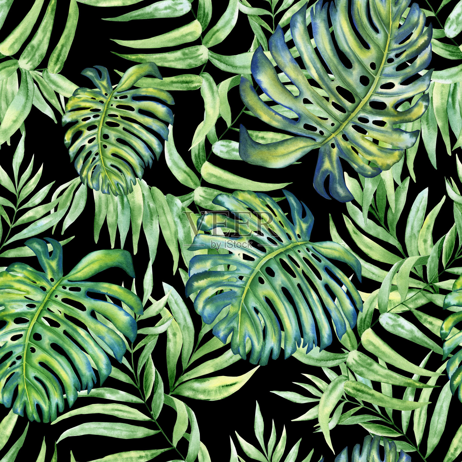 热带树叶无缝水彩图案。手绘插图的绿色植物分支孤立在一个黑色的背景。丛林点缀。衣服和壁纸的夏季印花。奇异的背景。插画图片素材