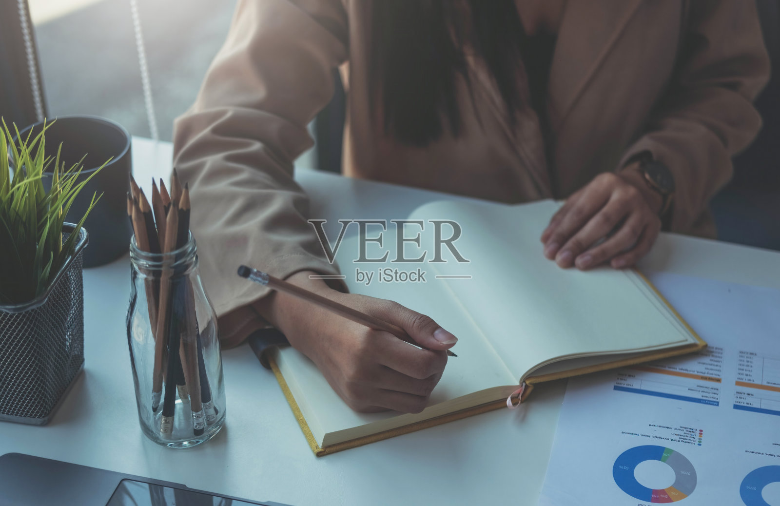 特写图像的一个女人写和笔记在笔记本上的办公室，会计财务概念照片摄影图片