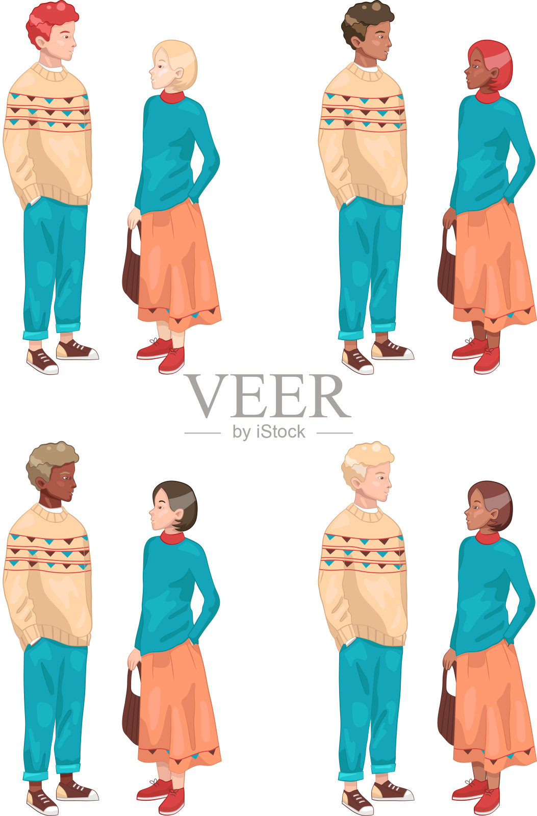 矢量插图的人。设置的夫妇。多元文化的概念。关系、爱与和平。不同肤色的男人和女人看起来一样插画图片素材