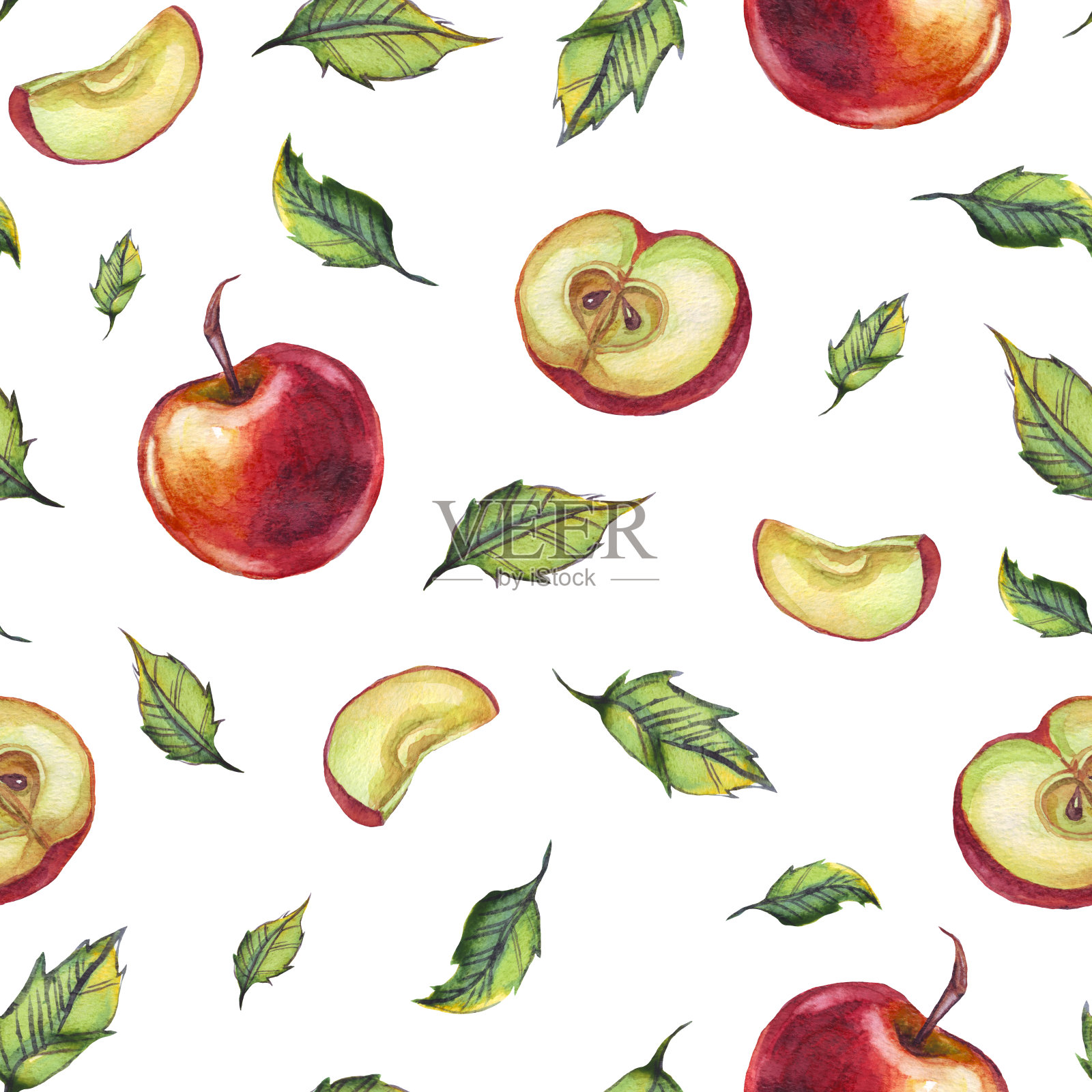 水彩苹果。无缝模式。手画插画图片素材
