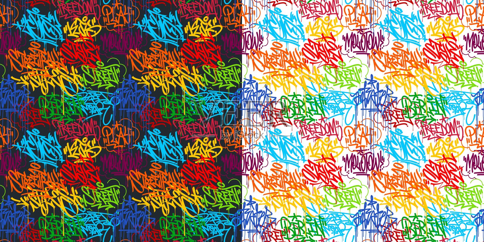 两种彩色无缝抽象嘻哈街头艺术涂鸦风格城市书法矢量插图背景艺术插画图片素材