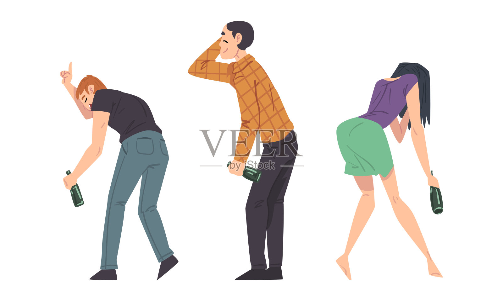 醉酒的人。男性和女性人与酒瓶酒精饮料的漫画矢量插图插画图片素材