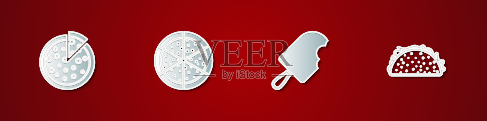 设置披萨，冰淇淋和玉米薄饼图标。向量插画图片素材