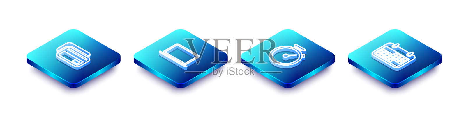 设置等距线信用卡，笔记本电脑，秒表和日历图标。向量图标素材